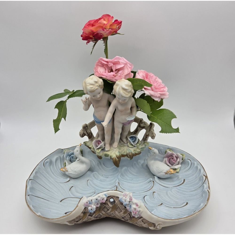 Vintage Baroque Porcelain Putti Centerpiece Planter With Cherubs Swans & Flowers - Picture 2 of 16